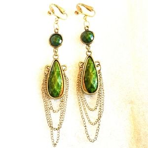 3.5" Gold Forrest Green Clip-On Beaded Earrings